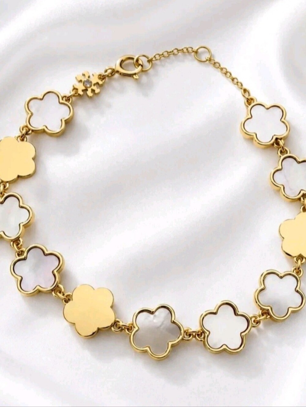 Tory Burch Gold and Mother-of-Pearl Clover Link Bracelet